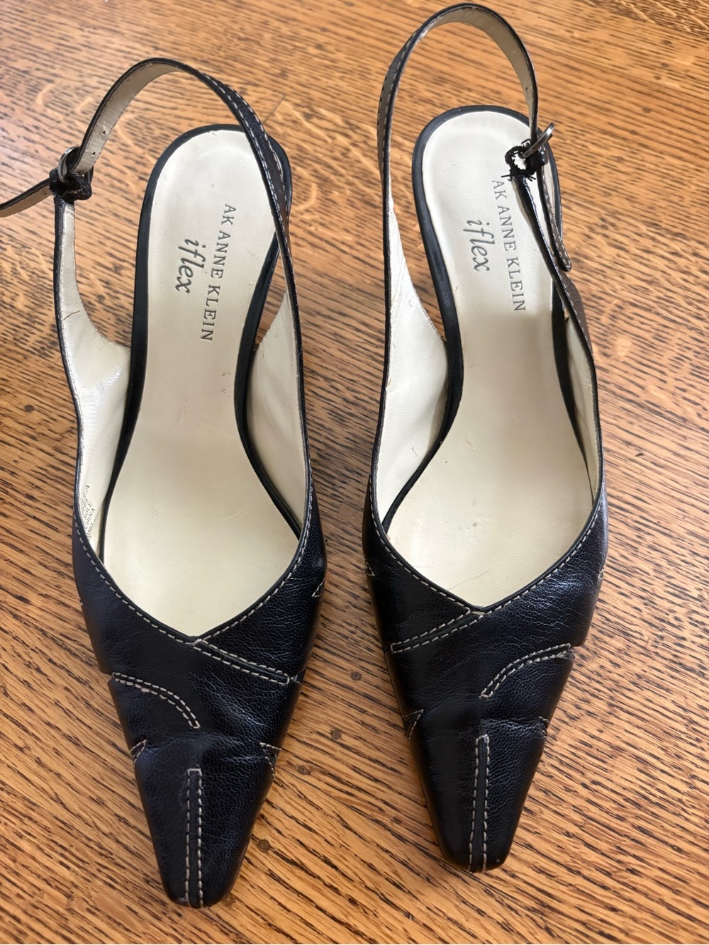 Anne Klein Black Leather Slingback Pointed-Toe Mules